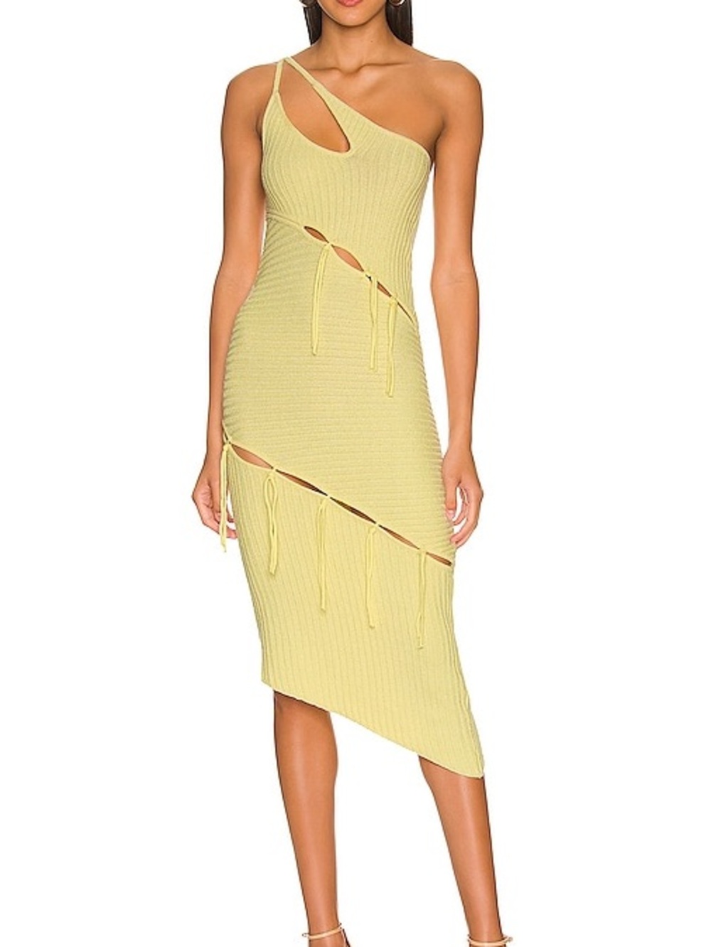 NBD Pale Yellow Asymmetrical One-Shoulder Cutout Midi Dress